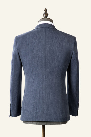 Traje Masculino Gris Azul Solapa de Muescas 3 Piezas